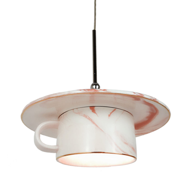 Pink Coffee Cup Pendant Ceiling Light Nordic 1-Bulb Ceramics LED Suspension Lamp for Restaurant