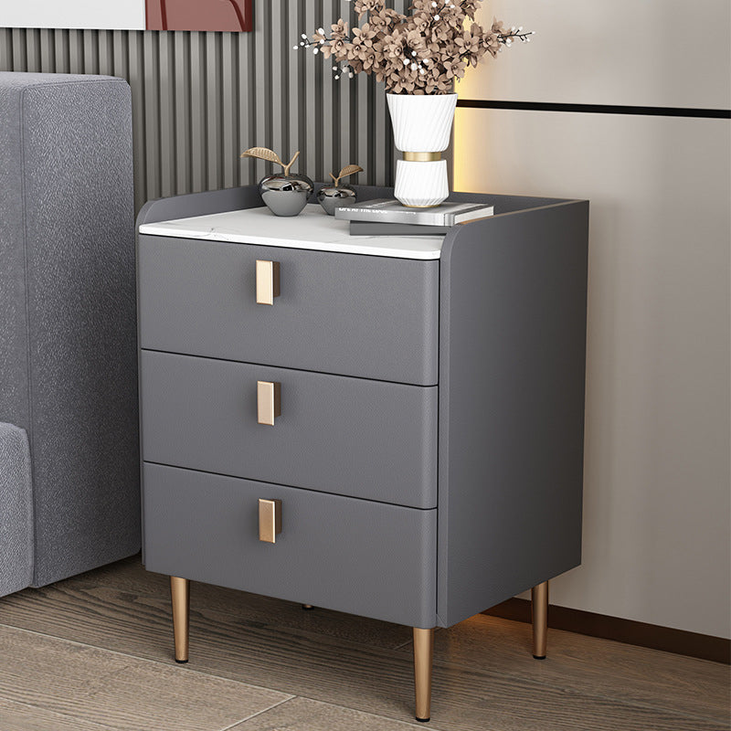 Contemporary Bed Nightstand Stone Bedside Cabinet with 3 Drawers