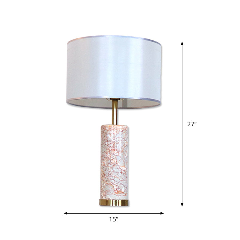 Fabric Drum Table Light Modern 1 Head White Night Lamp with Tube Agate Red Marble Base