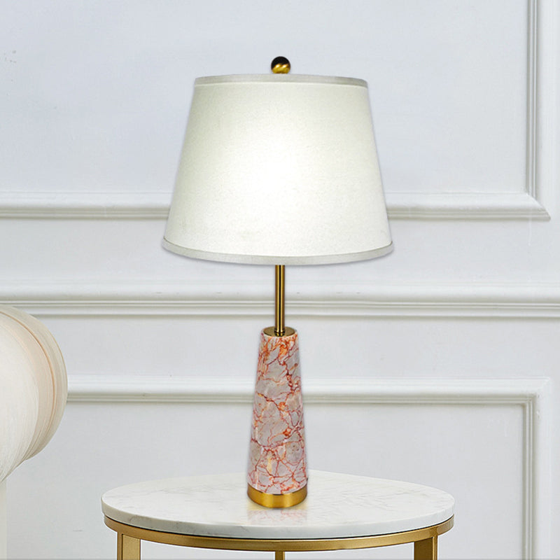 Cone Nightstand Light Modernist Marble 1-Head Red Night Table Lamp with Barrel White Fabric Shade