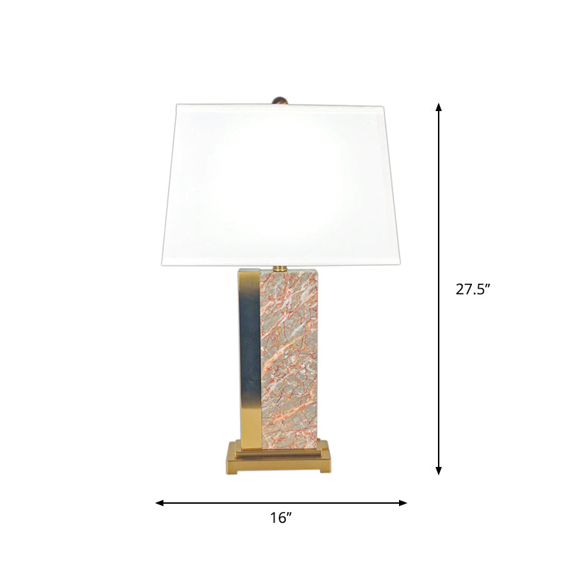 Trapezoid Fabric Table Light Contemporary 1-Bulb White Night Lamp with Rectangle Red Marble Base