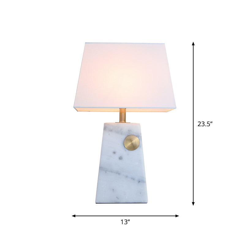 White Trapezoid Night Table Lighting Modern 1 Light Marble Desk Lamp with Fabric Shade for Bedside