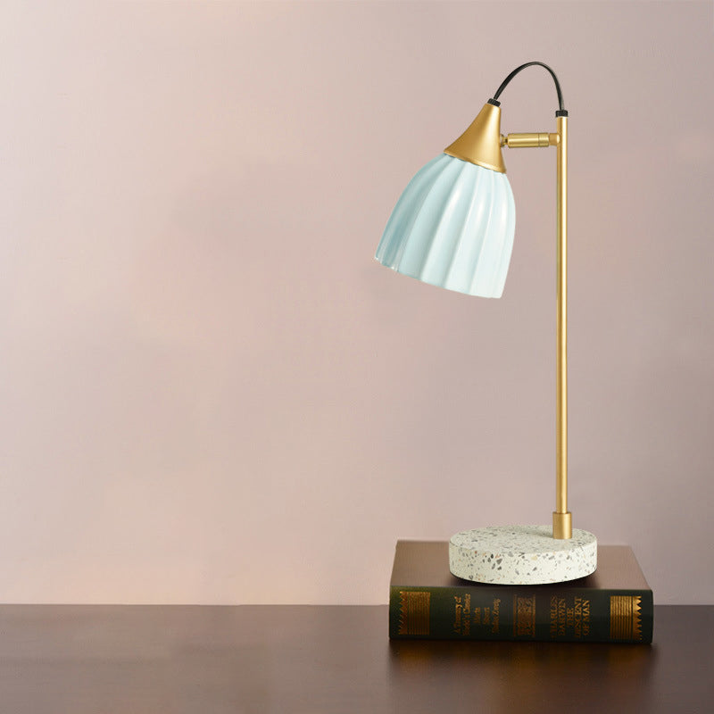 Pink/Sky Blue Ribbed Domed Table Light Modernism 1 Head Ceramics Desk Lamp with Gold Arm and Marble Base