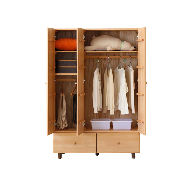 Light Wood Hanging Clothes Rack Beech Closet with Lower Storage Drawers