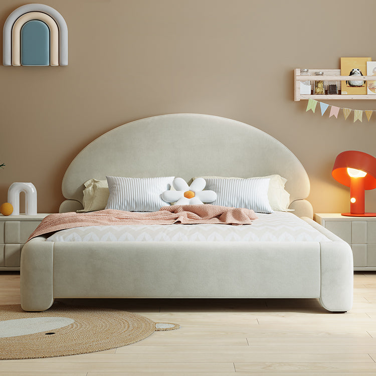 Cream White Upholstered Standard Bed Modern Solid Wood Simple Bed Frame with Mattress