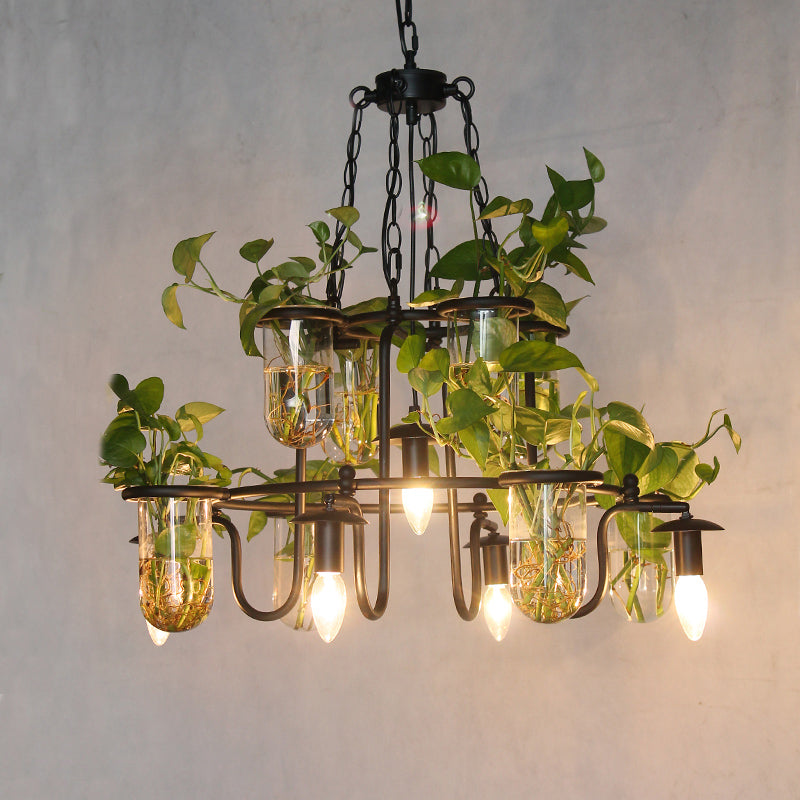 Candle Restaurant Chandelier Lamp Industrial Iron 5 Bulbs Black Hanging Light Fixture with Plant Cup