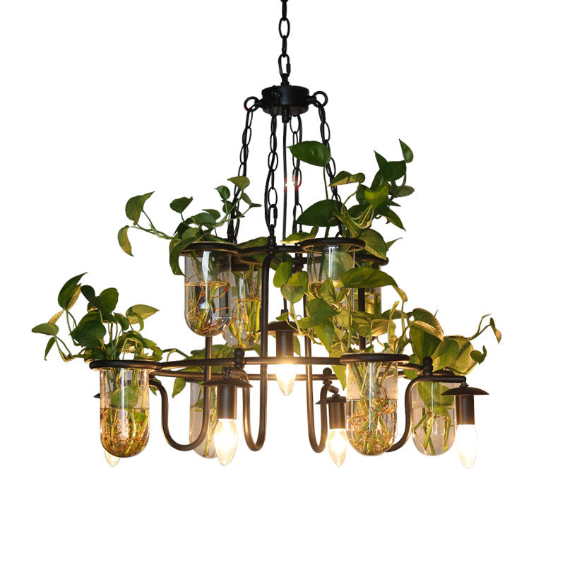 Candle Restaurant Chandelier Lamp Industrial Iron 5 Bulbs Black Hanging Light Fixture with Plant Cup