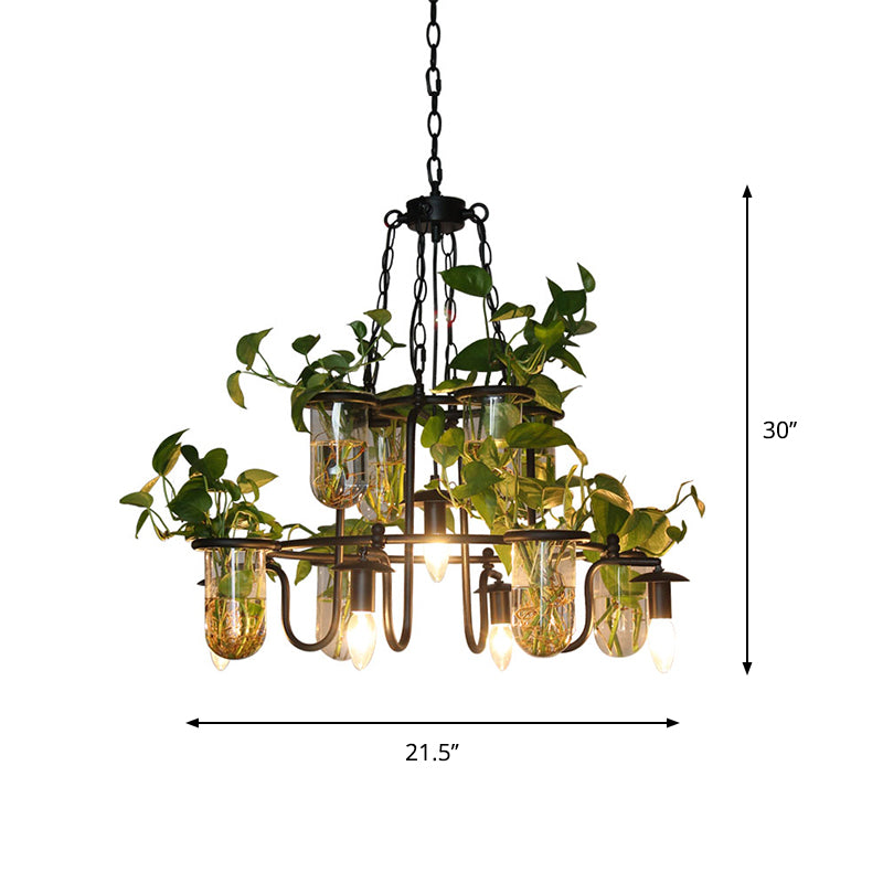 Candle Restaurant Chandelier Lamp Industrial Iron 5 Bulbs Black Hanging Light Fixture with Plant Cup