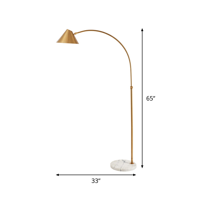 Conical Reading Floor Lamp Postmodern Metallic 1-Light Gold Finish Arched Standing Light