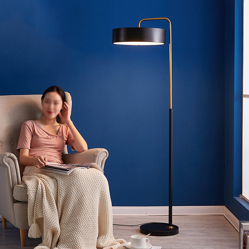 Macaron 1-Head Floor Lamp Black/Blue/Yellow Finish Drum Floor Standing Light with Iron Shade for Living Room