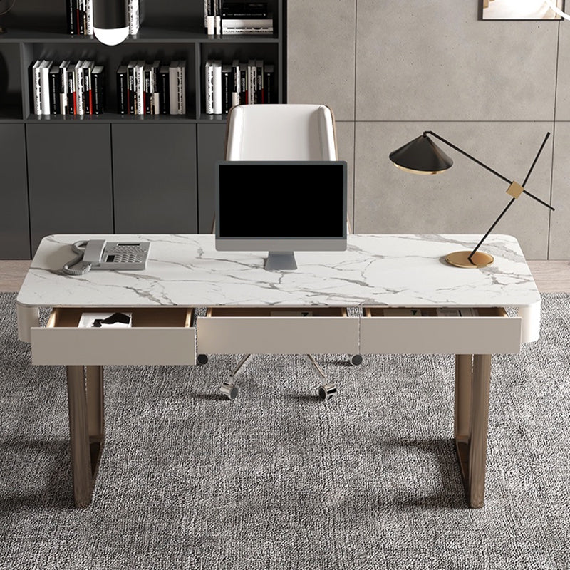 Modern Stone Office Desk Rectangular Shape Task Desk with 3 Drawers in White