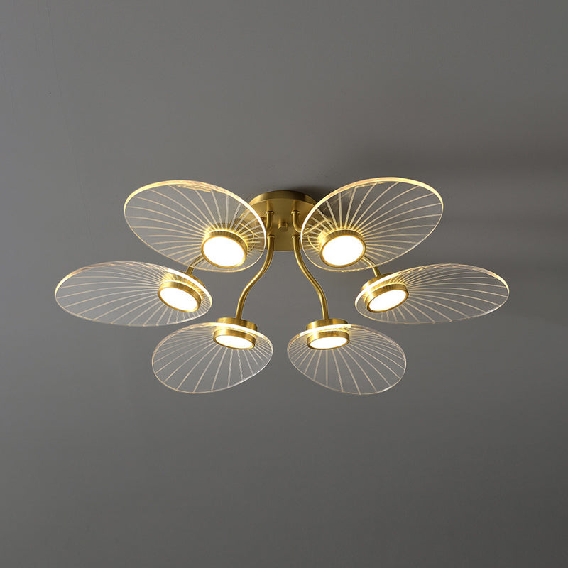 6 Heads Bedroom Semi Flush Light Modern Brass Flush Ceiling Lamp Fixture with Leaf Acrylic Shade