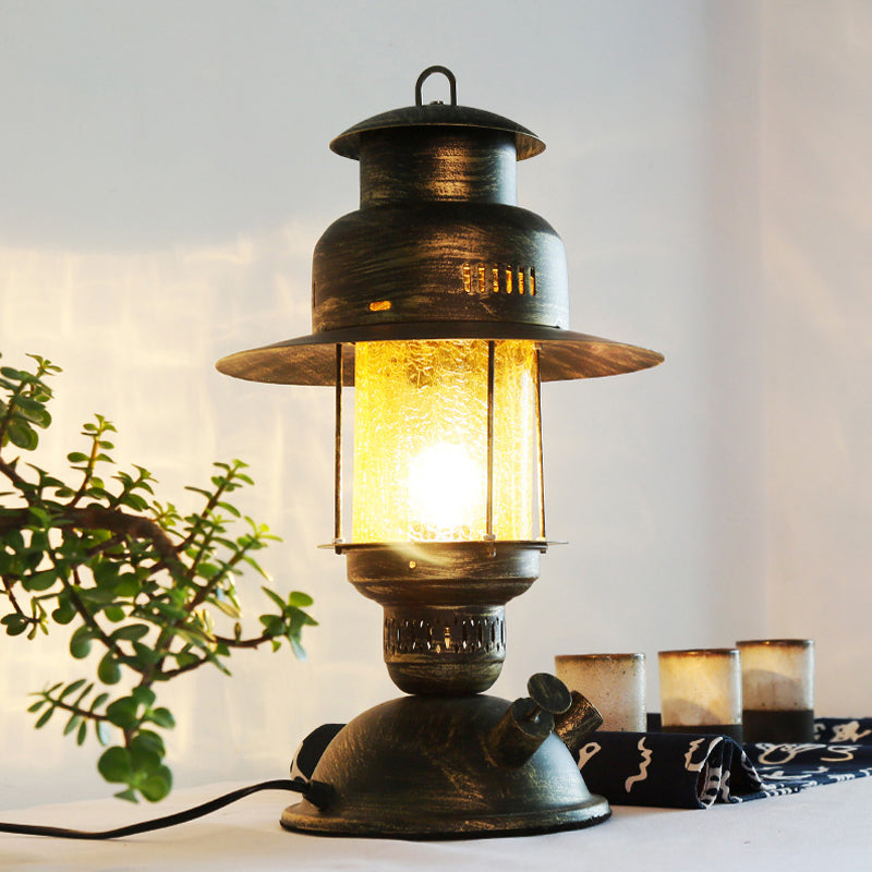 Brass Kerosene Desk Light Coastal Yellow Crackle Glass 1-Light Bedroom Metal Table Lighting