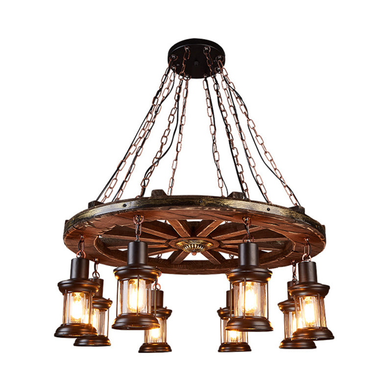 Kerosene Dining Room Hanging Chandelier Coastal Clear Glass 8 Lights Black Finish Ceiling Fixture with Wood Wheel Deco