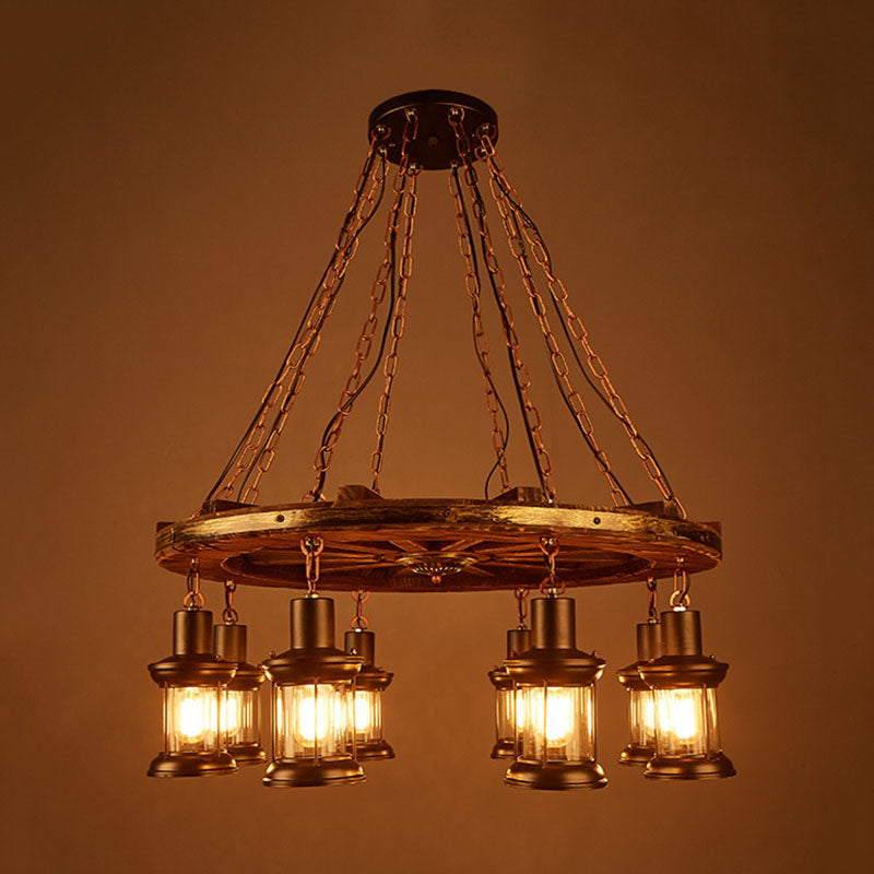 Kerosene Dining Room Hanging Chandelier Coastal Clear Glass 8 Lights Black Finish Ceiling Fixture with Wood Wheel Deco