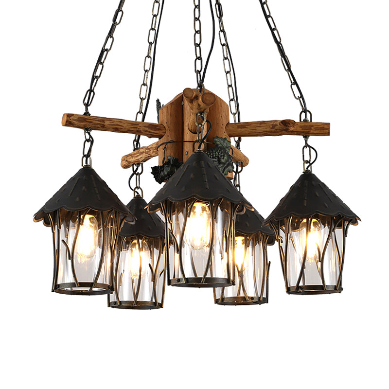 Black Lantern Chandelier Factory Style Clear Glass 5 Heads Restaurant Pendant Lighting Fixture with Wood Branch Beam