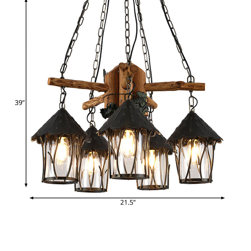 Black Lantern Chandelier Factory Style Clear Glass 5 Heads Restaurant Pendant Lighting Fixture with Wood Branch Beam