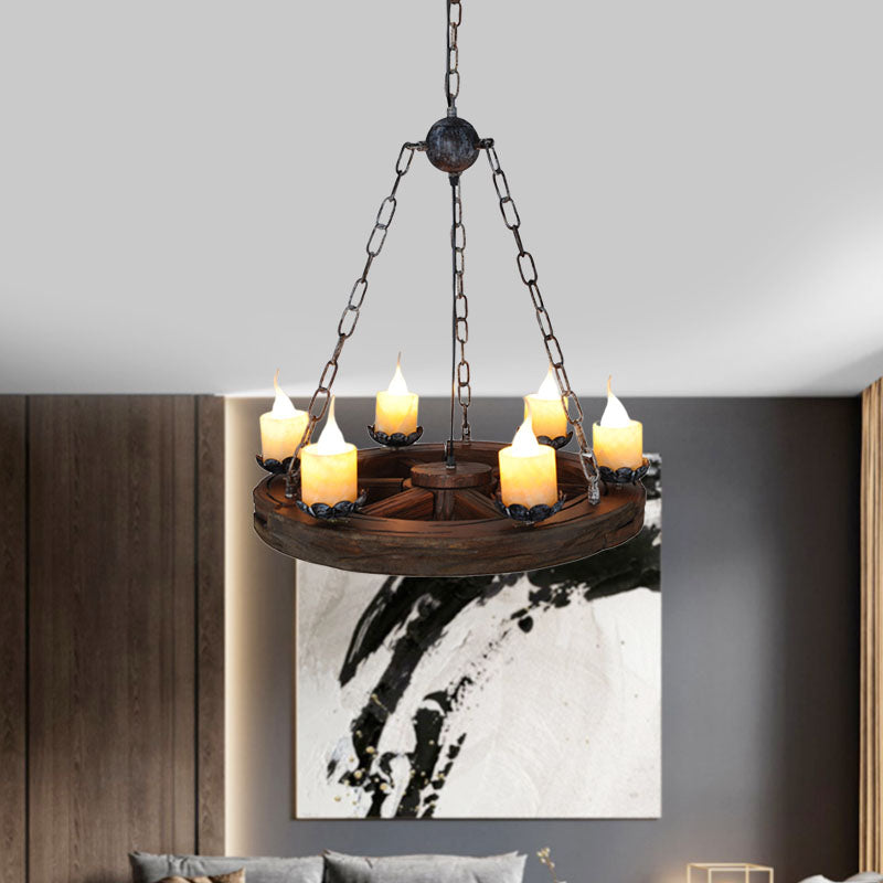 Candelabra Marble Chandelier Lamp Factory 6-Head Living Room Drop Pendant with Wood Wheel Design