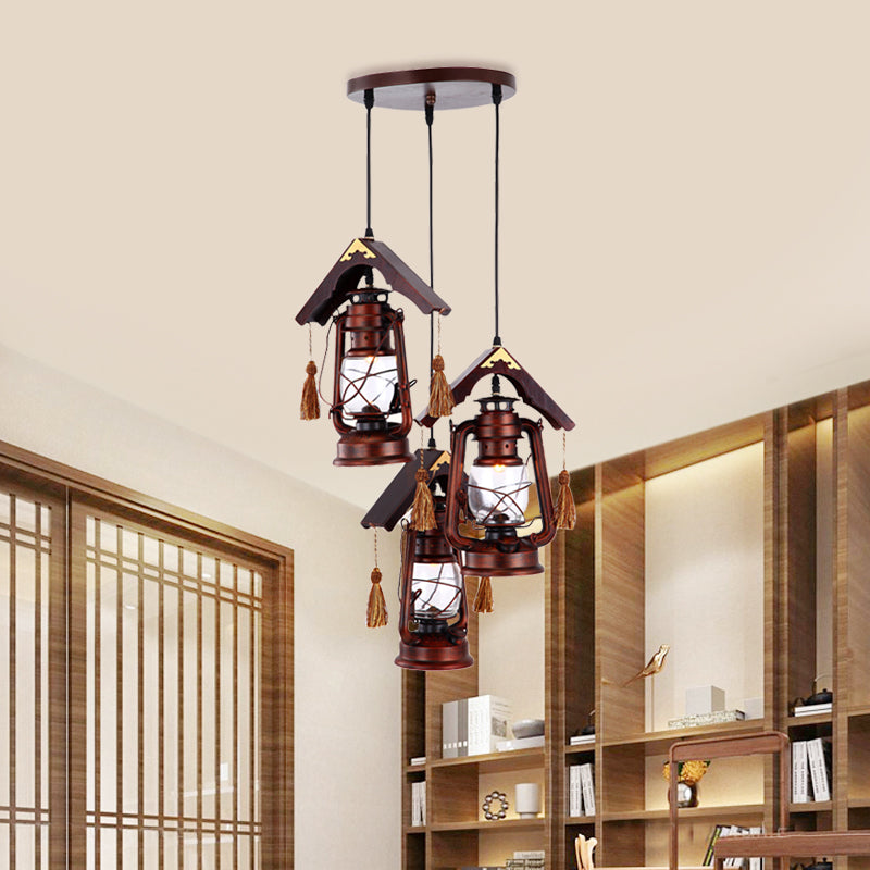 3 Lights Clear Glass Ceiling Pendant Retro Copper Kerosene Dining Room Hanging Lighting with Wood Roof Deco