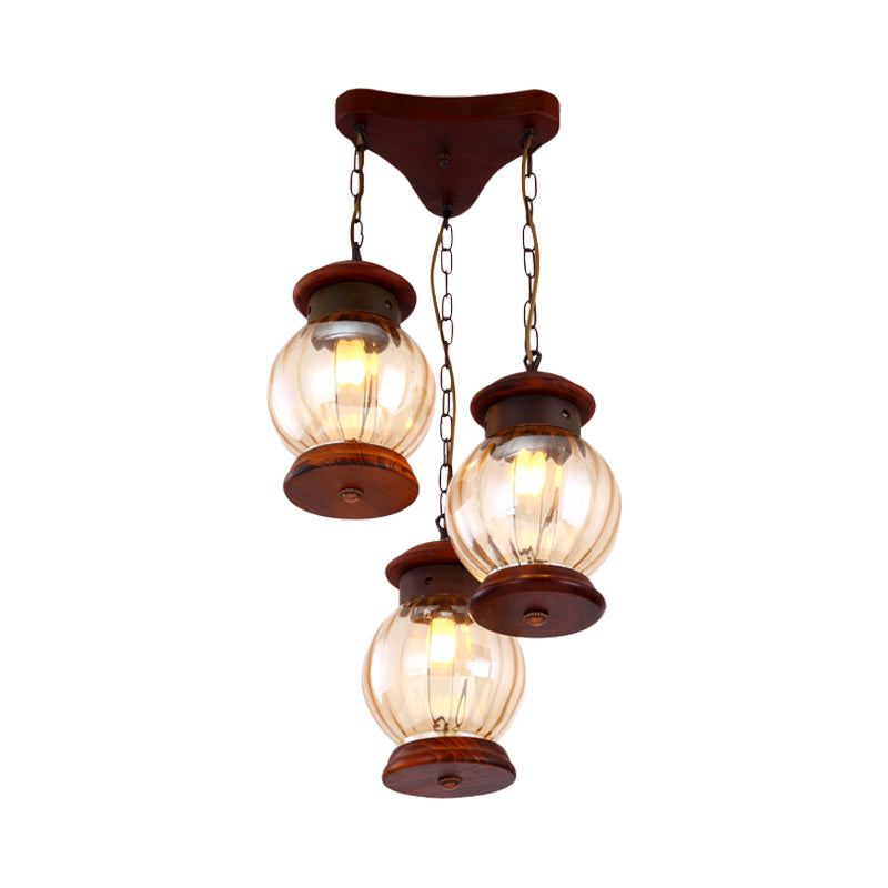 Factory Lantern Cluster Pendant 3-Bulb Tan Glass Suspension Lighting in koper met houten driehoekige luifel