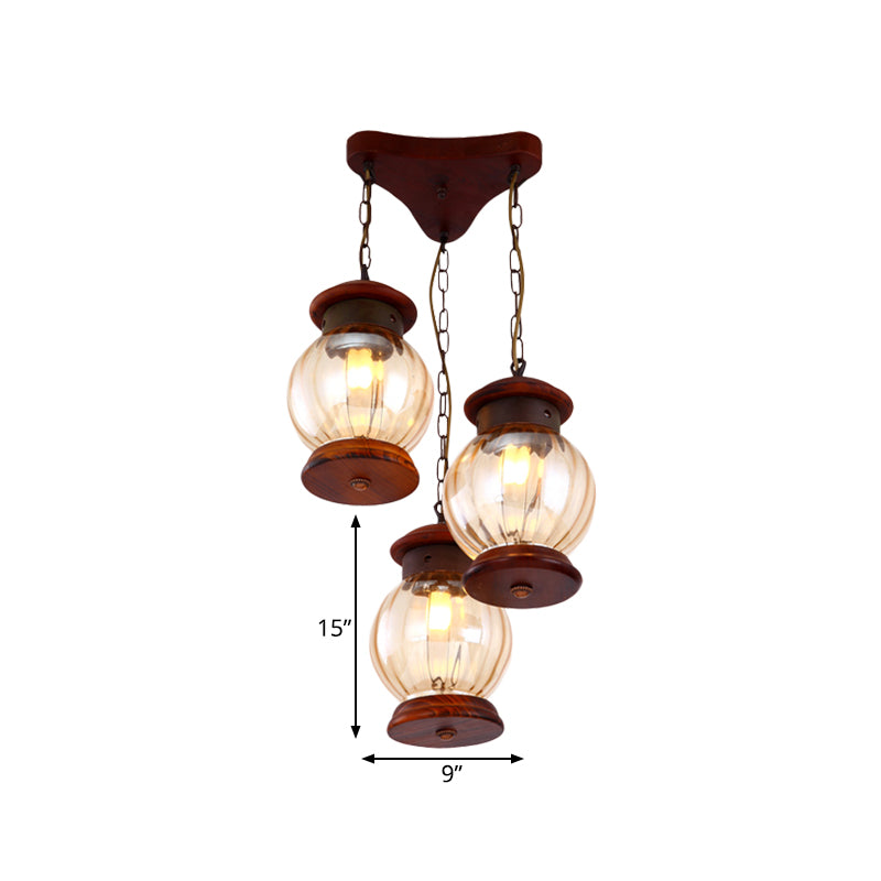 Factory Lantern Cluster Pendant 3-Bulb Tan Glass Suspension Lighting in koper met houten driehoekige luifel