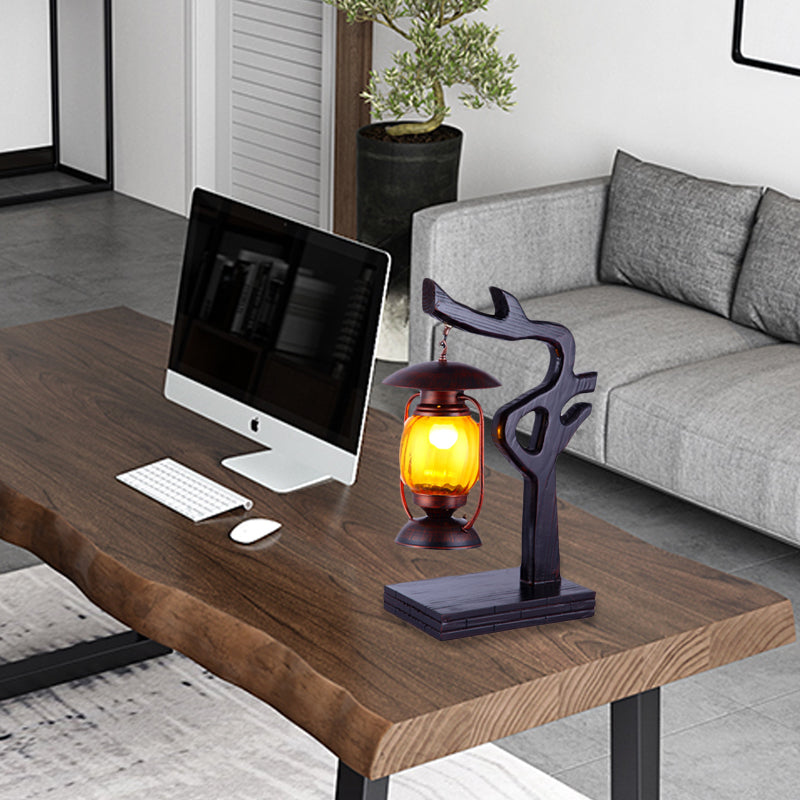 Factory Kerosene Desk Lamp 1 Light Yellow Glass Table Lighting in Copper with Wood Tree Design