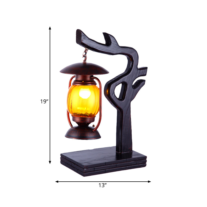 Factory Kerosene Desk Lamp 1 Light Yellow Glass Table Lighting in Copper with Wood Tree Design