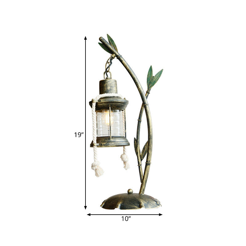 Clear Glass Kerosene Table Lamp Farmhouse Style 1 Light Dining Room Desk Lighting in Brass with Metal Bamboo Deco