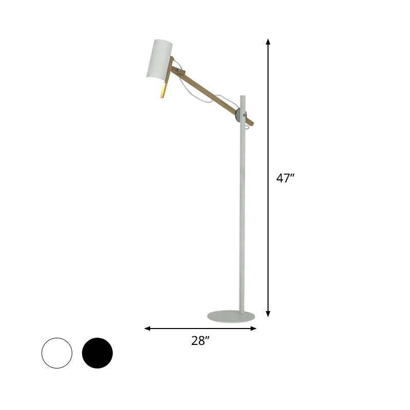 White/Black and Wood Tube Floor Lamp Modernist Iron 1 Light Swing Arm Standing Floor Light