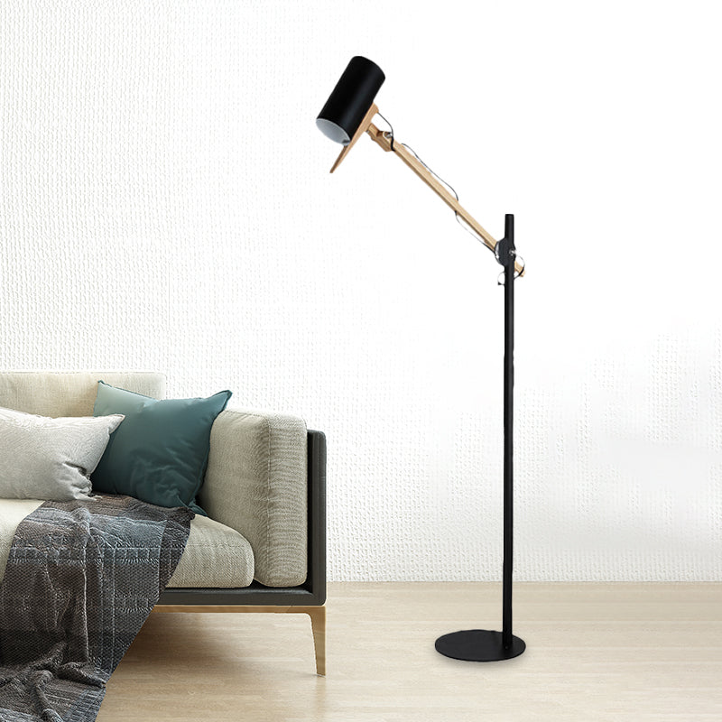 White/Black and Wood Tube Floor Lamp Modernist Iron 1 Light Swing Arm Standing Floor Light