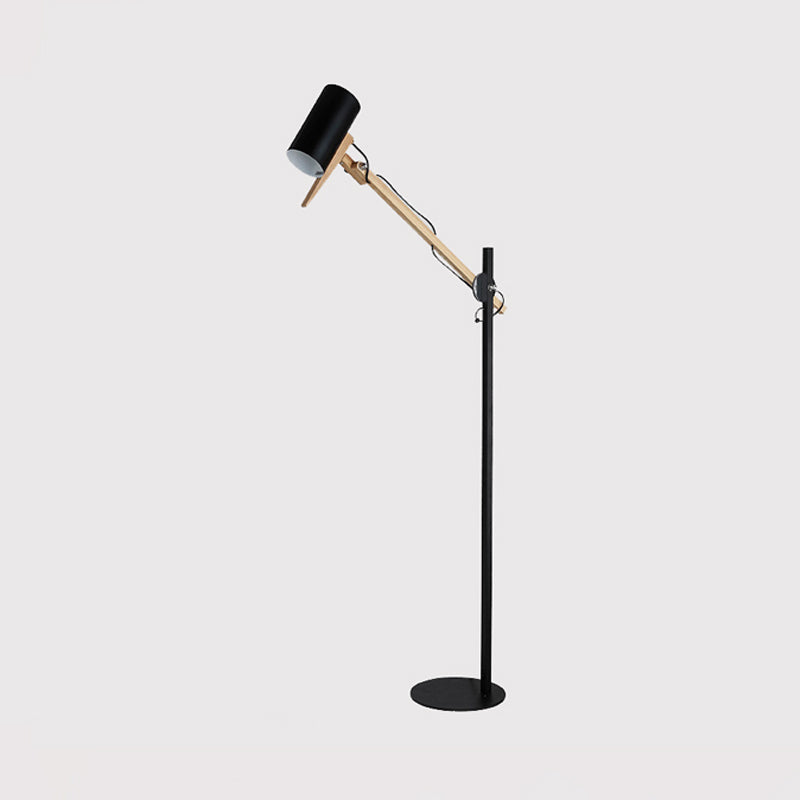 White/Black and Wood Tube Floor Lamp Modernist Iron 1 Light Swing Arm Standing Floor Light