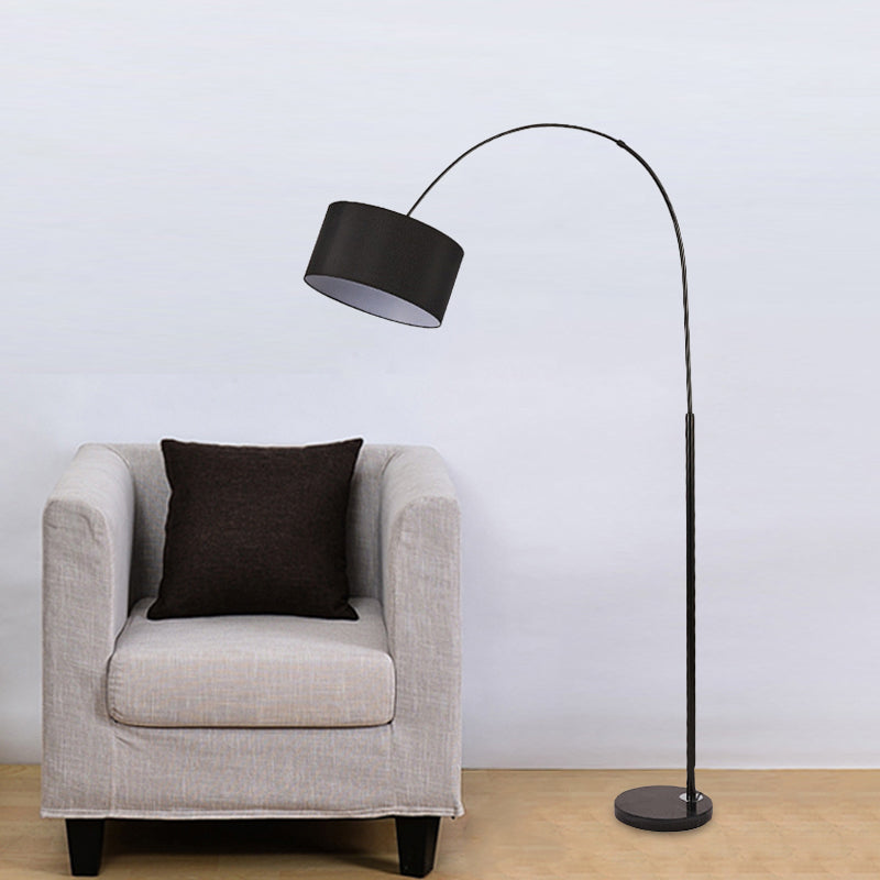 Modern Drum Floor Light Fabric 1 Head Living Room Overarching Stand Up Lamp in Black with Marble Base