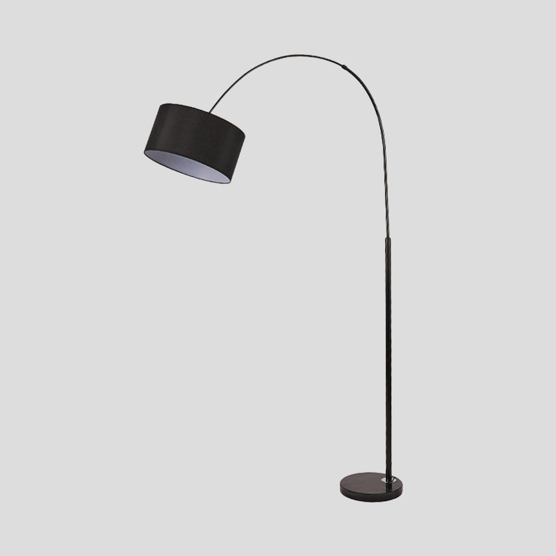 Moderne trommelvloer lichte stof 1 kop woonkamer overkoepelende stand -up lamp in zwart met marmeren basis