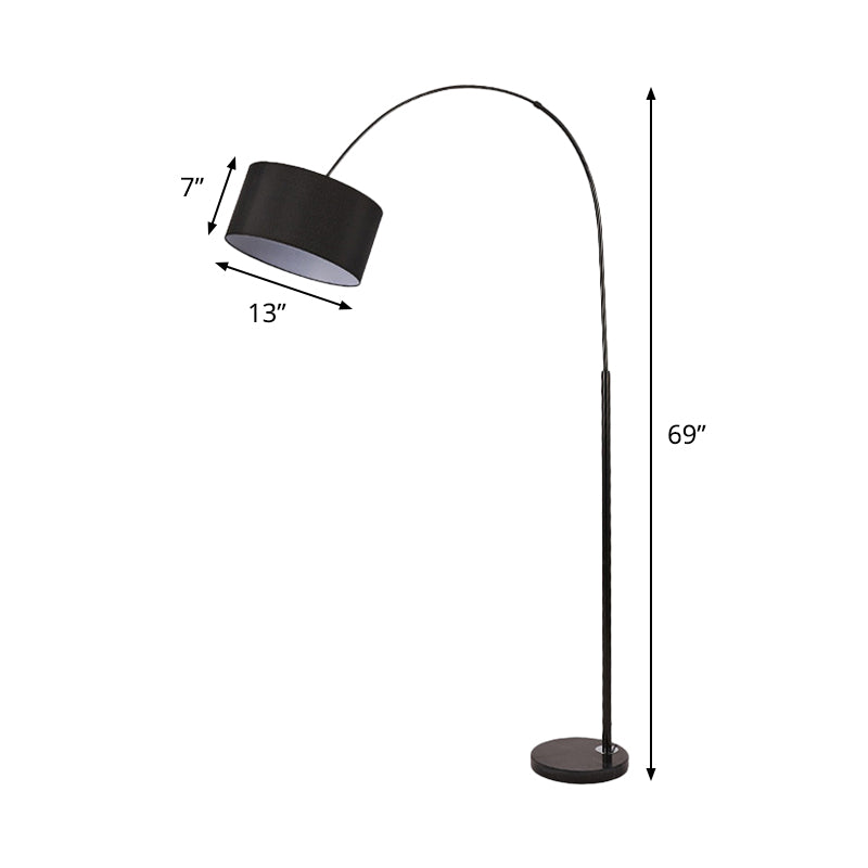 Moderne trommelvloer lichte stof 1 kop woonkamer overkoepelende stand -up lamp in zwart met marmeren basis