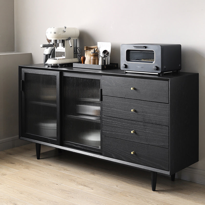 Modern Style Black Sideboard Solid Wood 4 Drawers Dining SideBoard with Glass Doors