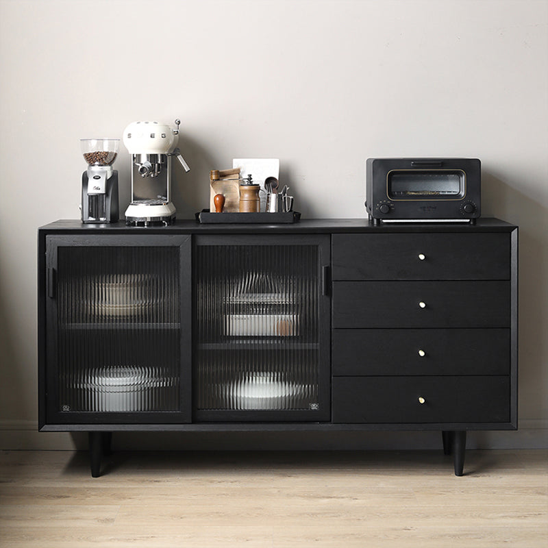 Modern Style Black Sideboard Solid Wood 4 Drawers Dining SideBoard with Glass Doors