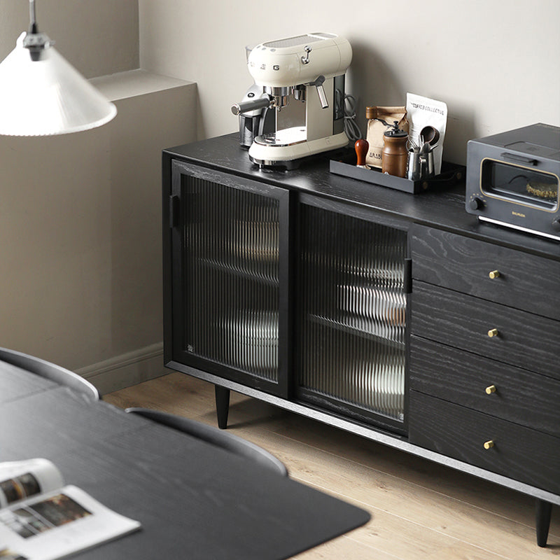 Modern Style Black Sideboard Solid Wood 4 Drawers Dining SideBoard with Glass Doors