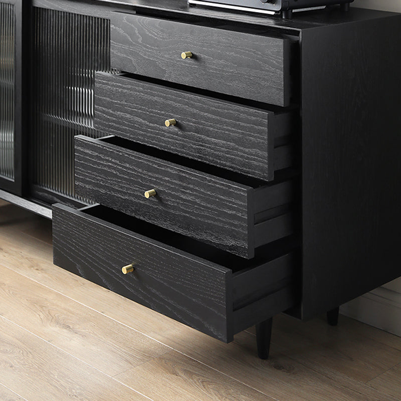 Modern Style Black Sideboard Solid Wood 4 Drawers Dining SideBoard with Glass Doors