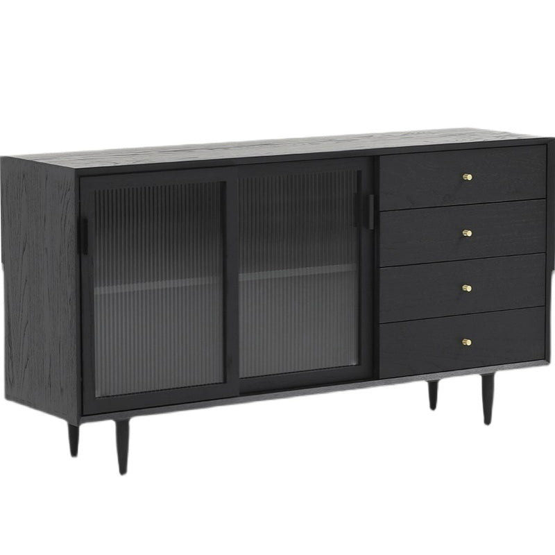 Modern Style Black Sideboard Solid Wood 4 Drawers Dining SideBoard with Glass Doors