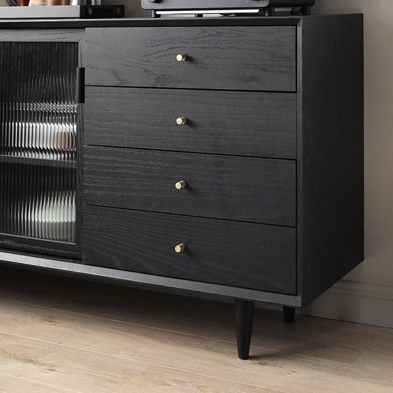 Modern Style Black Sideboard Solid Wood 4 Drawers Dining SideBoard with Glass Doors