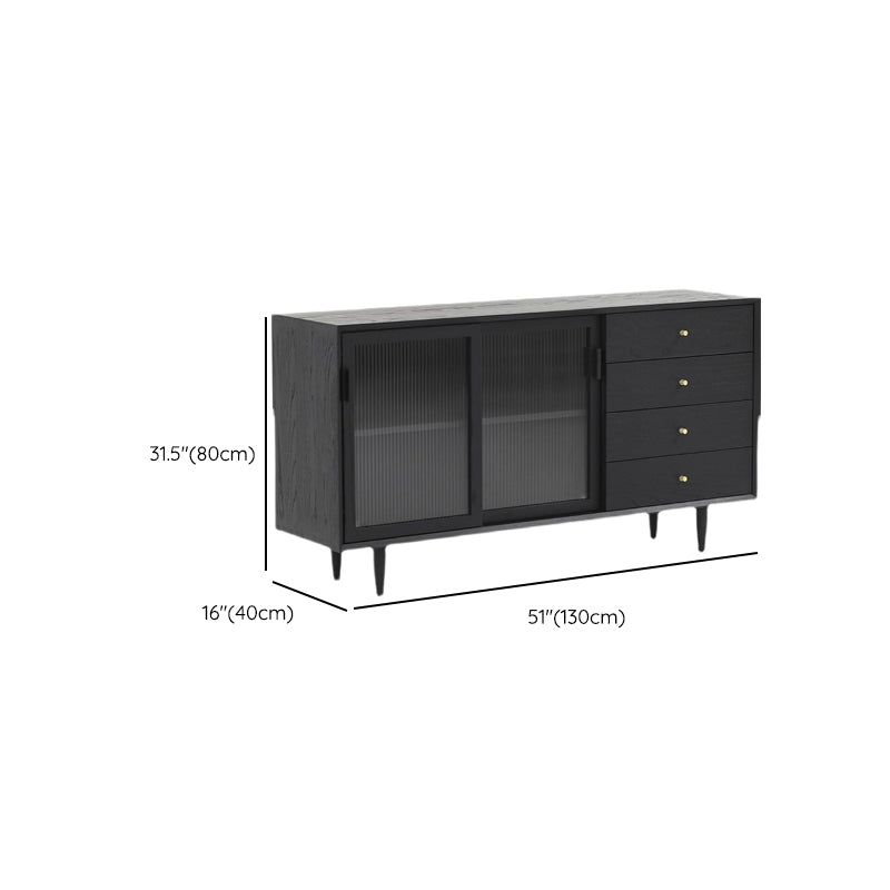 Modern Style Black Sideboard Solid Wood 4 Drawers Dining SideBoard with Glass Doors