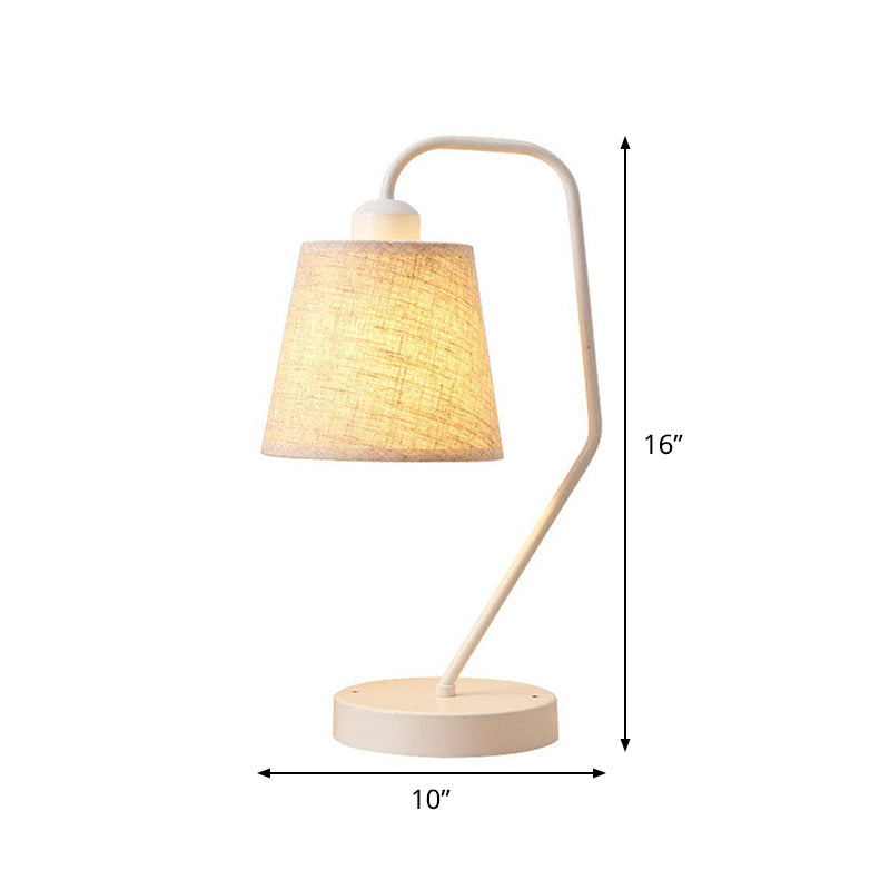 White Barrel Table Lighting Modern 1 Head Fabric Night Lamp with Curved Arm for Bedroom