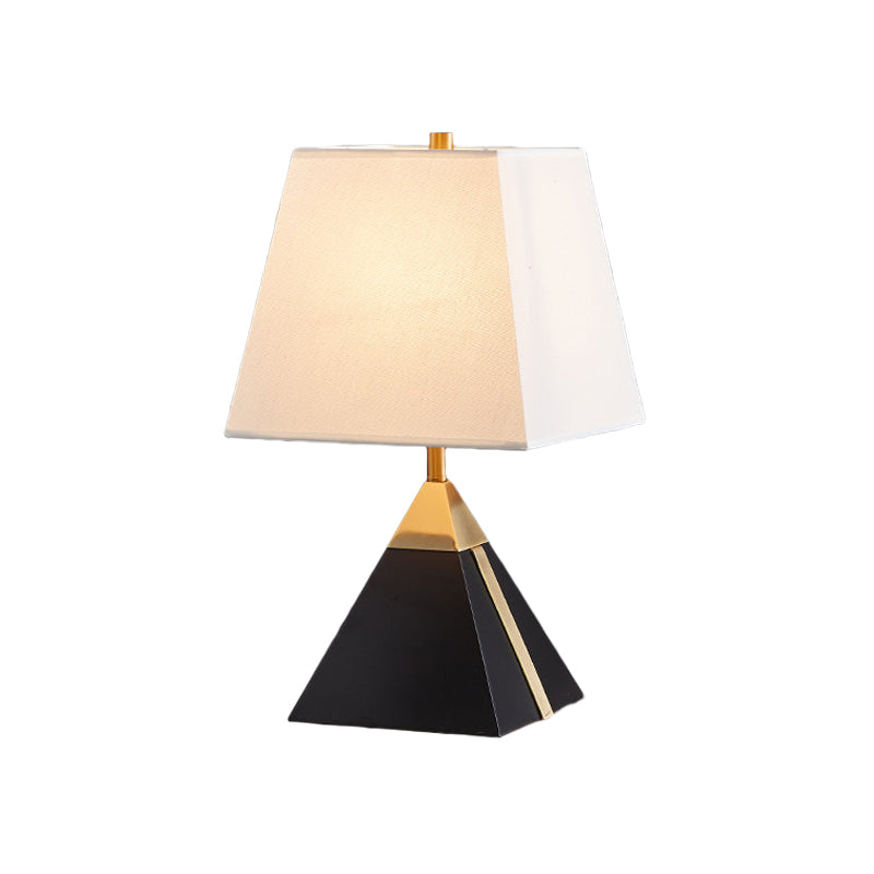 Modern Trapezoid Night Table Light Fabric 1 Light Bedroom Night Lamp in White/Flaxen with Black Pyramid Base