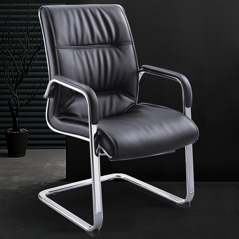 Modern Style Office Chair Black Leather No Wheels Fixed Arm Chair