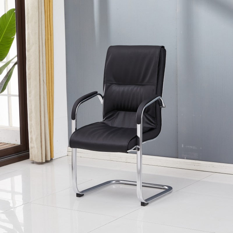 Modern Style Office Chair Black Leather No Wheels Fixed Arm Chair