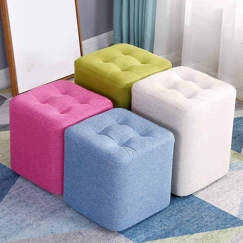 Tufted Square Shape Ottoman Modern Linen Blend Upholstered Pouf