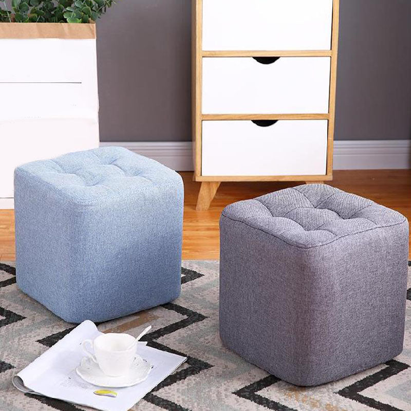 Tufted Square Shape Ottoman Modern Linen Blend Upholstered Pouf