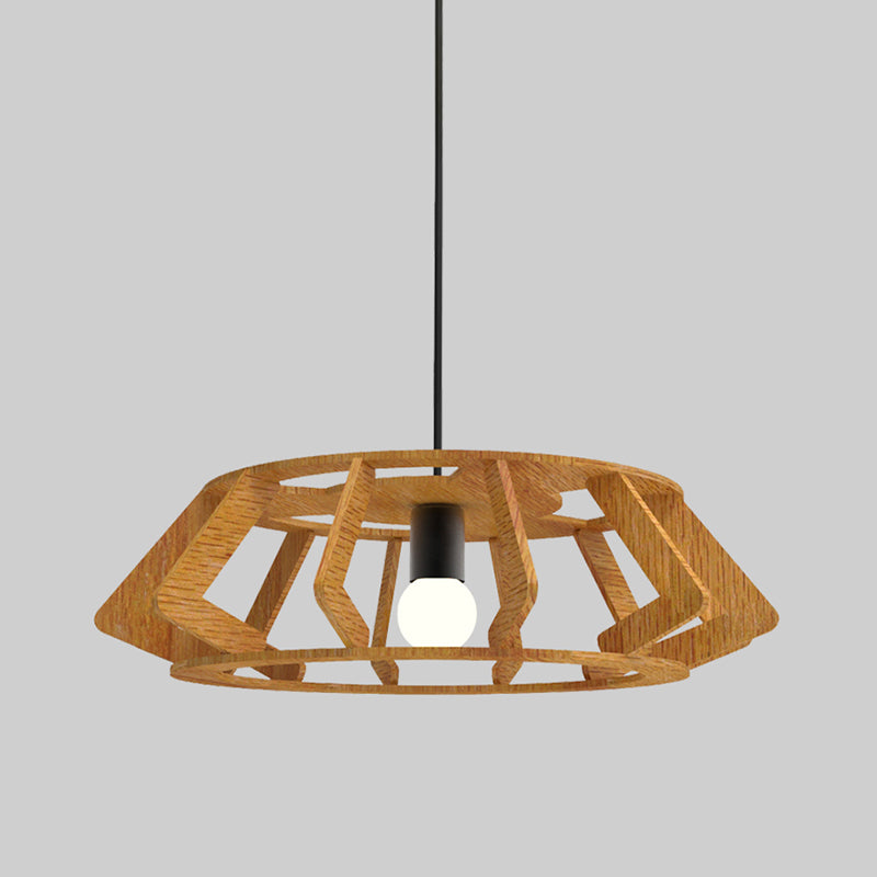 Lampada a sospensione a sospensione con cornice di tamburi asiatici in legno di studio a 1 lutto.