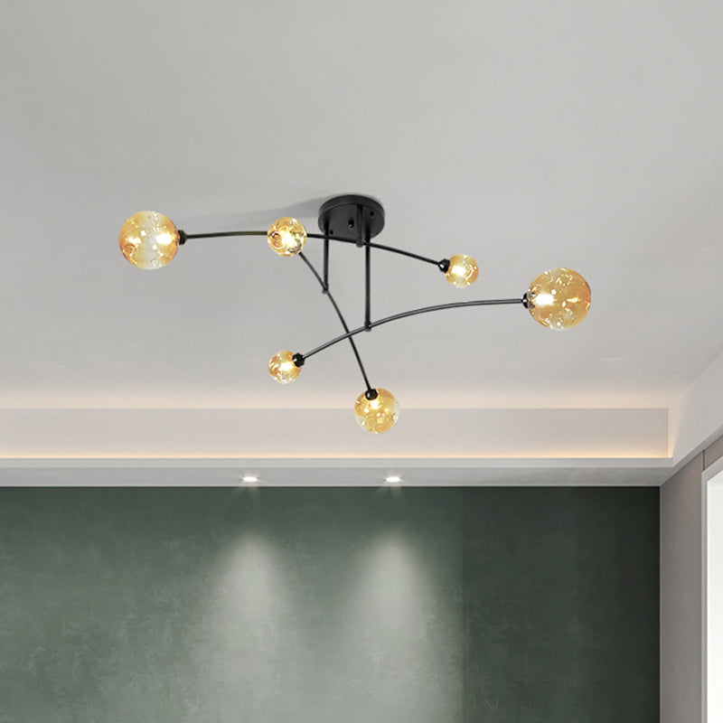 Amber Glass Modo Semi Flush Lighting Minalismo 6 teste Black Arced vicino alla lampada del soffitto