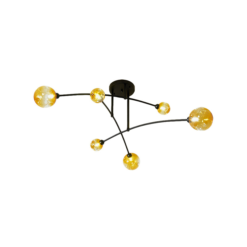 Amber Glass Modo Semi Flush Lighting Minimalism 6 Heads Black Arced Close to Ceiling Lamp